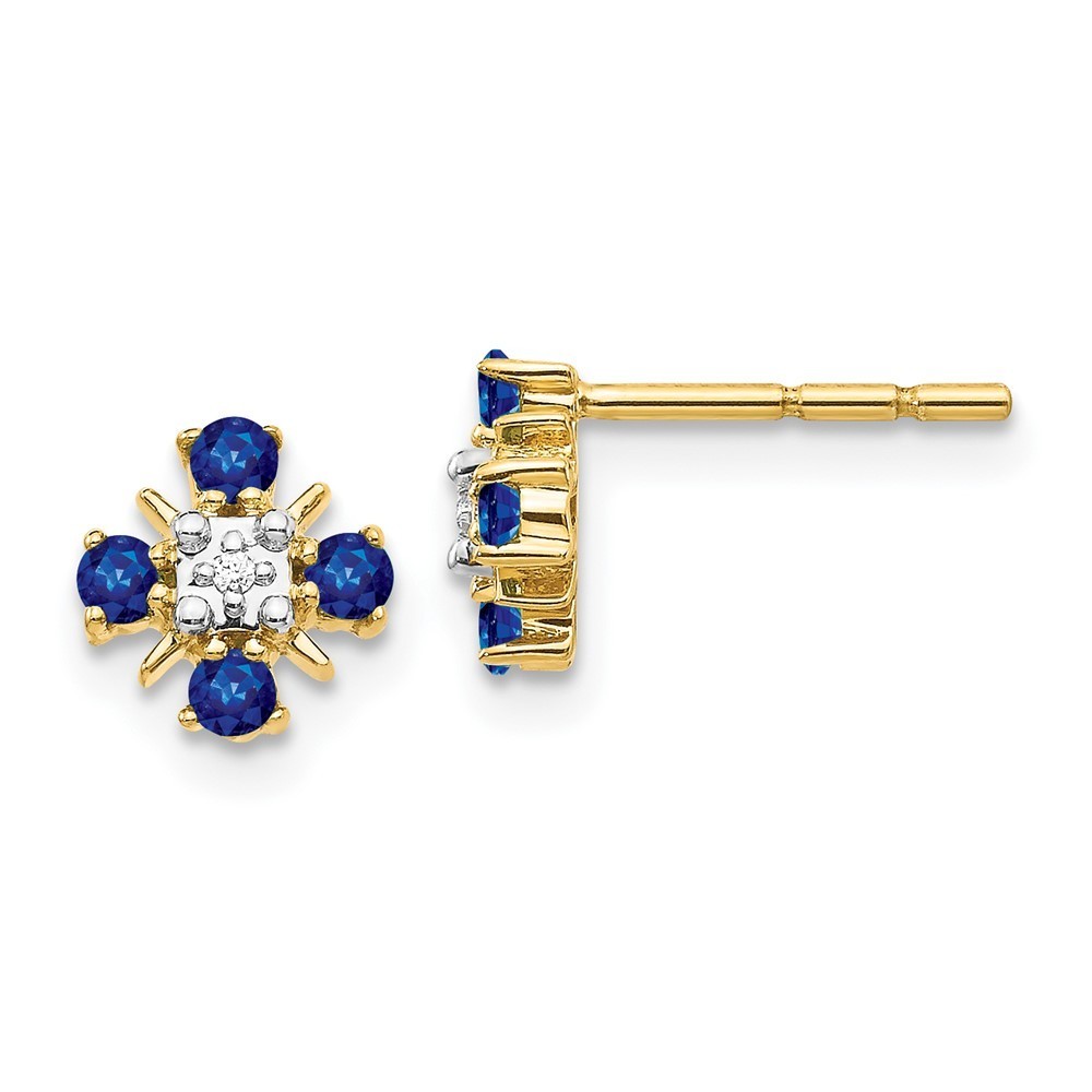 14k Yellow Gold Gold Blue Sapphire September Birthstone & Diamond Post Earrings